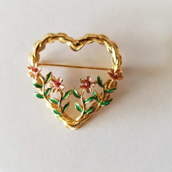 None Floral Heart Brooch Pin Flower Gold Pink Green Valentine - Picture 1 of 3